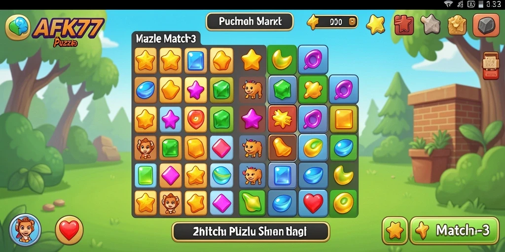 Antarmuka game AFK77 menampilkan puzzle Match-3 yang menarik.
